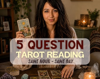 May include: A 5 Question Tarot Reading service featuring a person holding a Star tarot card, with several tarot cards laid out on a wooden table, accompanied by amethyst clusters, raw crystals, and a lit candle in a glass holder.