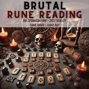 Könnte beinhalten: Eine dunkle, mystische Szene mit Runen, Schädeln, Kerzen und einer Sanduhr. Die Runen sind in einem Kreis auf einer dunklen Oberfläche angeordnet. Der Text "BRUTAL RUNE READING" befindet sich oben im Bild. Der Text "NO SUGARCOATING - JUST REALITY" befindet sich unter den Runen. Der Text "SAME HOUR - SAME DAY" befindet sich unter dem Text "NO SUGARCOATING - JUST REALITY".