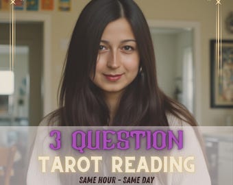 May include: A woman with long dark hair smiles at the camera. The text "3 QUESTION TAROT READING SAME HOUR - SAME DAY" is displayed in a purple and gold frame.