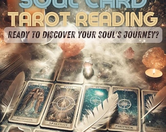 May include: A tarot card reading spread with the words "SOUL CARD TAROT READING" and "READY TO DISCOVER YOUR SOUL'S JOURNEY?" at the top. The spread includes cards with the words "SPIRITUITY", "POLITIEEN", and "FOUETTEY". The text at the bottom reads "SAME HOUR - SAME DAY".