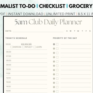 5am Club Daily Planner - Minimalist Daily Planner / Grocery List / Checklist