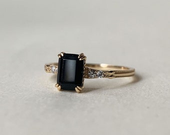 Vintage Black Onyx Engagement Ring,Emerald Cut Agate Gems,Art Deco Wedding Ring,Gold Unique Boho Statement Rings Anniversary Gift