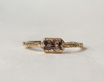 Baguette Ring, Vintage Filigree Solitaire Ring, Brown Cubic Zirconia Ring, Stackable Gold Sterling Silver Ring, Stacking Wedding Band