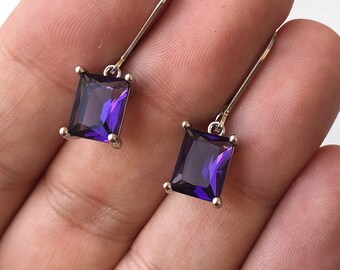 Amethyst Earrings, February Birthstone, Dark Purple Amethyst Emerald Cut Earrings in Gold or Silver, Rectangle prong Drops, Gift under 50