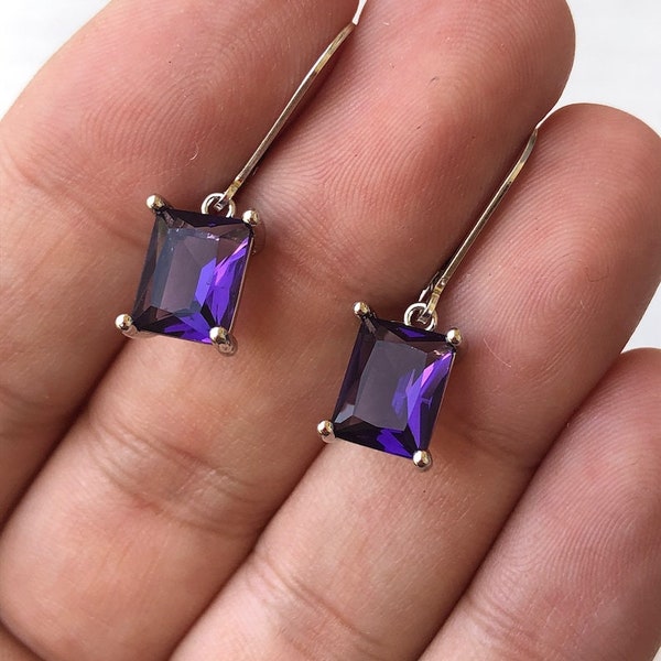Amethyst Earrings, February Birthstone, Dark Purple Amethyst Emerald Cut Earrings in Gold or Silver, Rectangle prong Drops, Gift under 50