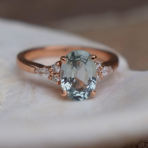 Mint sapphire engagement ring. Eidelprecious Campari ring. Light Blue green sapphire 2ct oval sapphire diamond Campari ring