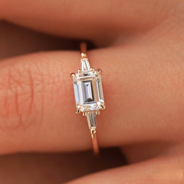 East to West Emerald Cut Moissanite Engagement Ring With Tapered Baguette Diamond Side Stones in 14K Solid White Gold, Yellow Gold or Rose