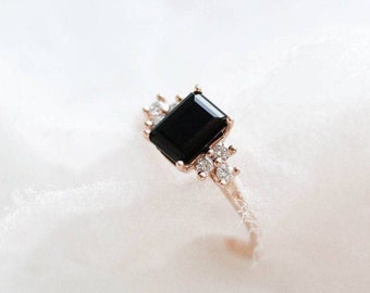 Black Onyx Engagement Ring Emerald Cut 14K Rose Gold Engagement Ring Cluster Ring CZ Diamond Bridal Ring Promise Ring Anniversary Gift