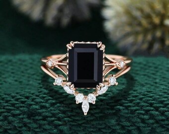 Emeral cut Black Onyx engagement ring set Vintage engagement ring women unique Rose gold moissanite ring Bridal promise Anniversary gift