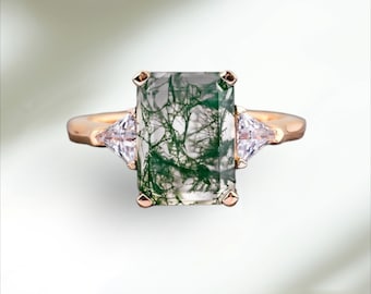 2.8CT Emerald cut natural moss agate 925 silver ring, engagement ring, wedding band, anniversary gifts, handmade bridal ring, gifts for her