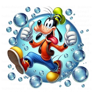May include: A cartoon illustration of a goofy dog character with a big smile and thumbs up, running inside a blue bubble surrounded by smaller bubbles.