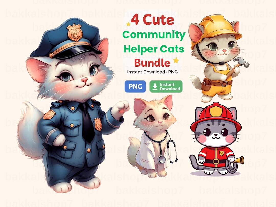 Community Helper Cats Bundle PNG, Cute Jobs Cat Clipart Set, Kids Wall ...