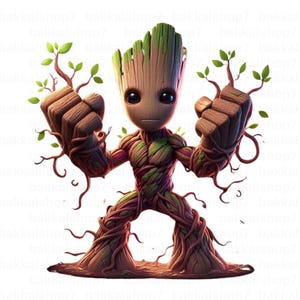 Puede incluir: Una ilustración de dibujos animados de una figura humanoide verde y marrón con una expresión seria. La figura tiene un cuerpo parecido a un árbol con raíces y ramas, y está de pie con los puños cerrados. La figura es conocida como Groot de los Guardianes de la Galaxia.