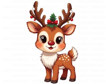 Christmas Reindeer Clipart PNG | Cute Christmas Deer | Holiday Cartoon Reindeer Digital Download