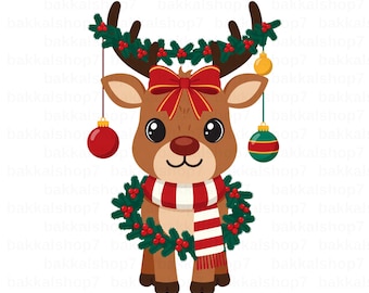 Christmas Reindeer Clipart PNG | Cute Christmas Deer | Holiday Cartoon Reindeer Digital Download