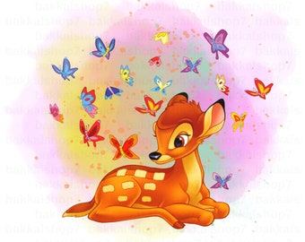 May include: A watercolour illustration of a fawn with brown and orange spots, lying down and looking to the left. The fawn is surrounded by colourful butterflies with pink, blue, yellow, and purple wings.