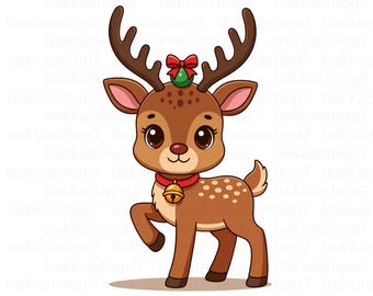 Christmas Reindeer Clipart PNG | Cute Christmas Deer | Holiday Cartoon Reindeer Digital Download