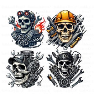Mechanical Skull Engine Illustrations Bundle, Biker Garage Tattoo Style Art