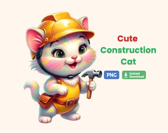 Cute Construction Cat PNG Clipart | Builder Cat Illustration for Kids | Construction Animal PNG for Stickers, Shirts & Nursery Decor