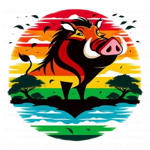 Può includere: Illustrazione colorata di un facocero sullo sfondo di un tramonto. Il facocero ha una criniera nera, dettagli rossi e arancioni e un grugno rosa. Lo sfondo presenta un tramonto vibrante con alberi e uno specchio d'acqua.