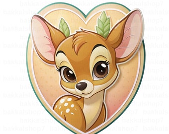 May include: A cartoon illustration of a fawn with brown fur and white spots, wearing a leafy crown. The fawn is looking to the left and has large, brown eyes. The illustration is set against a heart-shaped background with a peach and cream colour scheme.
