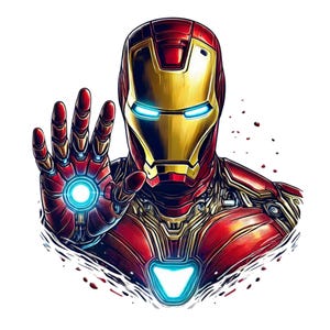 Könnte beinhalten: Eine Illustration von Iron Man, einem Superhelden, in einem rot-goldenen Anzug mit einem blau leuchtenden Arc-Reaktor auf der Brust. Er trägt eine blau leuchtende Visier und hält seine rechte Hand mit einem blau leuchtenden Repulsorstrahl nach vorne.
