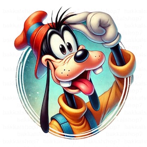 May include: A cartoon illustration of Goofy, a Disney character, within a circular frame. Goofy is wearing a red hat with blue stripes, an orange shirt, and blue overalls. He has a large smile, tongue out, and is saluting with a white-gloved hand.