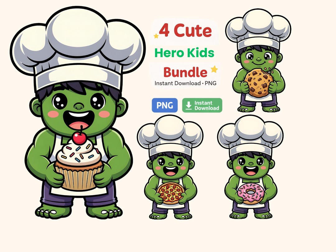 Cute Hulk Hero Kids Cooking Bundle PNG | Cartoon Chef & Baker Clipart ...