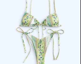 Swim Paisley & Ditsy Floral Tie Side Bikini-Badeanzug Damen Bademode Damen Bademode Set Tropical Urlaub