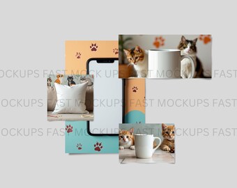 Lot de maquettes pour amoureux des chats - oreiller, tasses, étui de téléphone PNG (téléchargement numérique)