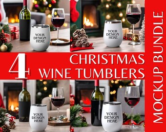 4-Pack Wine Tumbler Mockup Bundle | Christmas & Winter Mockup Designs | High-Resolution PNG and JPG | Instant Digital Download