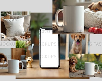 Lot de maquettes pour amoureux des chiens : oreiller, tasse et étui pour téléphone (PNG)