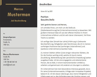 May include: A formal job application letter with a black and white illustration of a person in a suit at the top. The letter is addressed to "Sehr geehrte Damen und Herren" and is dated September 4, 2022. The letter is written in German.