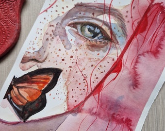 Silent Butterfly / watercolor red painting