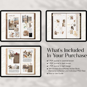 May include: A digital planner with a brown and beige colour scheme. The planner includes a calendar, journal pages, and stickers. The text "What's Included In Your Purchase:" is displayed on the screen. The list includes 1 PDF journal in caramel brown, 1 PDF journal in dark brown, 1 PDF journal in light beige, 344 stickers, and a how-to-use guide.