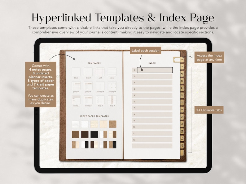 May include: A digital planner with 13 clickable tabs, an index page, and templates for notes, planners, and inserts. The planner comes with 8 types of paper and 7 kraft paper templates.