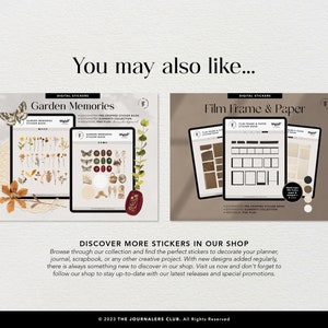 May include: Two digital sticker sets for planners and journals. The first set, "Garden Memories", features a variety of botanical illustrations, including flowers, leaves, and butterflies. The second set, "Film Frame & Paper", features a collection of film frames and paper textures.
