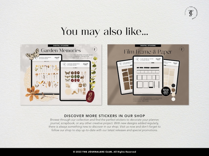 May include: Two digital sticker sets for planners and journals. The first set, "Garden Memories", features a variety of botanical illustrations, including flowers, leaves, and butterflies. The second set, "Film Frame & Paper", features a collection of film frames and paper textures.
