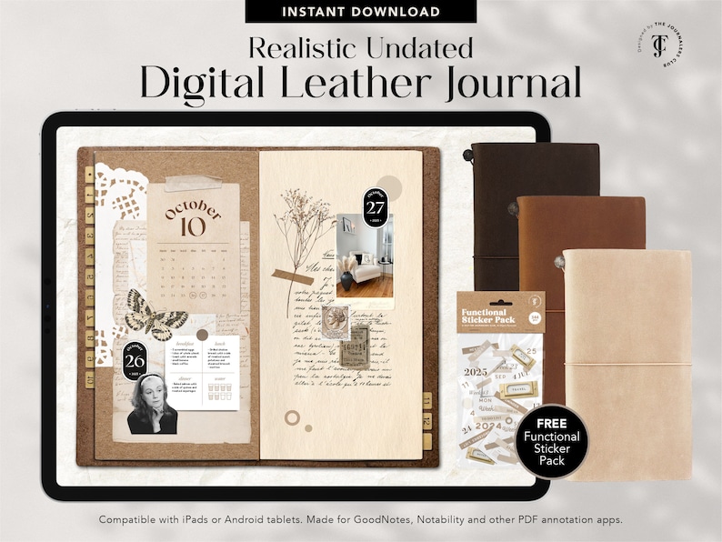 May include: A digital leather journal with a brown cover and a calendar page open to 10th October. The journal is compatible with iPad and Android tablets and includes a functional sticker pack.