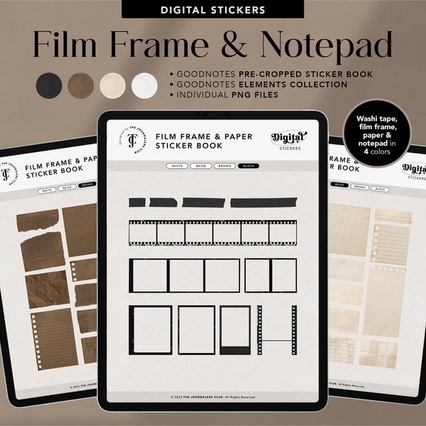 Film & Polaroid Frames, Washi Tape, Notepad with Real Paper Texture Digital Sticker Set - in 4 Colors