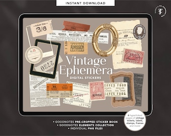 Vintage Ephemera Digital Stickers – Junk Journal Stamps, Tickets (PNG)