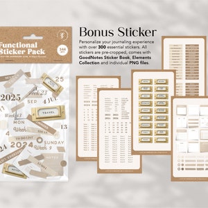 May include: A set of functional stickers for journaling, with over 300 stickers in a clear plastic bag. The stickers are pre-cropped and come with a sticker book, elements collection, and individual PNG files. The stickers feature a variety of designs, including labels, boxes, and text.