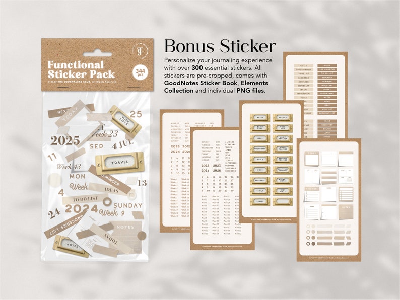 May include: A set of functional stickers for journaling, with over 300 stickers in a clear plastic bag. The stickers are pre-cropped and come with a sticker book, elements collection, and individual PNG files. The stickers feature a variety of designs, including labels, boxes, and text.