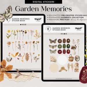 Set di adesivi digitali realistici per moodboard con fiori secchi e foglie: carta vintage, sigillo di cera, nastro adesivo e altro ancora