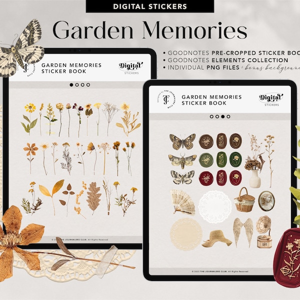 Realistic Dried Flower & Leaf Mood Board Digital Sticker Set - Vintage Paper, Wax Seal, Tape and More