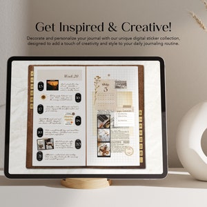 May include: A digital planner displayed on a computer screen with a brown cork background. The planner features a weekly spread with dates and numbers, and a monthly calendar showing May 5th. The planner is decorated with digital stickers, including a sunset, a sunflower, and a book.