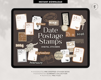 Retro Date Postage Stamp Stickers – Digital Planner, GoodNotes (PNG)