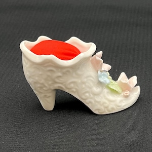 Vintage Ardalt White Porcelain Shoe Pin Cushion with Multicolored Flowers - Made in Japan