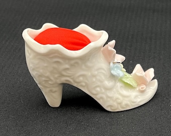 Vintage Ardalt White Porcelain Shoe Pin Cushion with Multicolored Flowers - Made in Japan