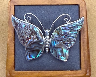 Vintage Abalone & Sterling Silver Butterfly Brooch